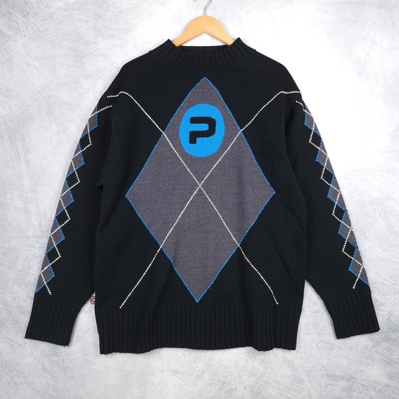 Paco Gil Other - Vintage Y2K Paco Sweater Mens XL Black Blue Argyle Big Logo Mock Neck Pullover